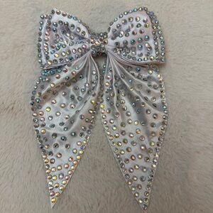 Handcrafted White Satin Rhinestone Hair Bow 6” x 9” AB Crystal Bling Barrette
